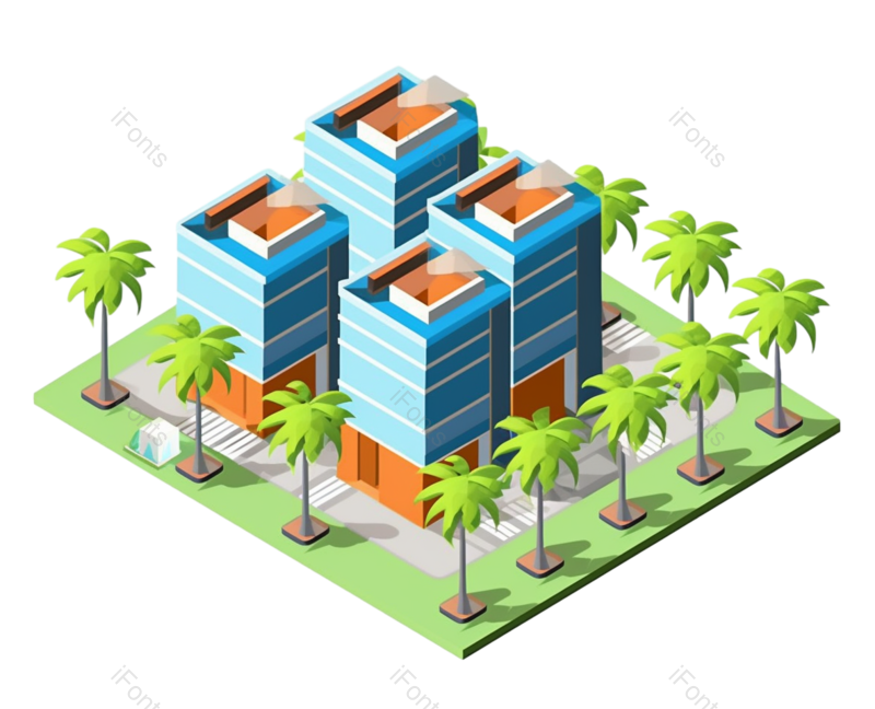 户外图片,树木元素,高楼大厦PNG,建筑插画免抠素材